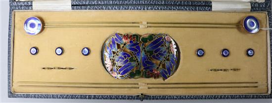 A cloisonne hair clip and a set of hat pins, cased